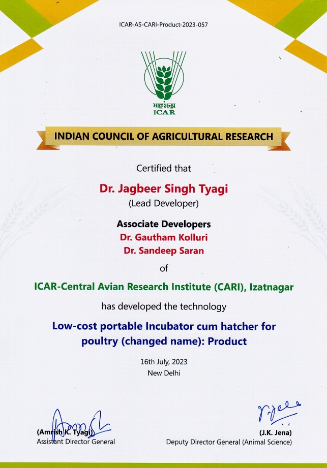 CARI PORTABLE POULTRY INCUBATOR CERTIFICATE